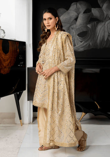 Grey Zigzag Sequined Tunic with Farshi Shalwar and Dupatta