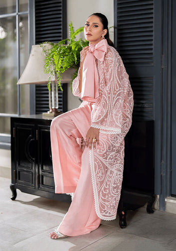 Pink Organza Pearl Embellished Coat with Slip and Trousers