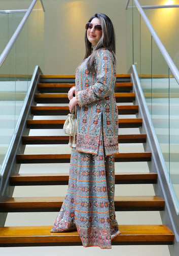 Grey-Teal Embroidered Kurta Set