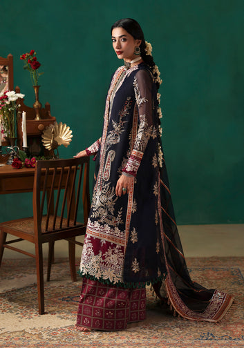 3 Piece - Embroidered Navy Blue Net & Silk
