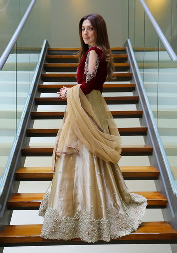 Maroon Velvet & Champagne Gold Anarkali Gown