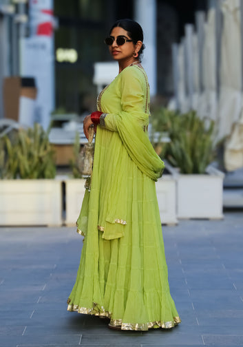 Green Crushed Kurta with Embroidery