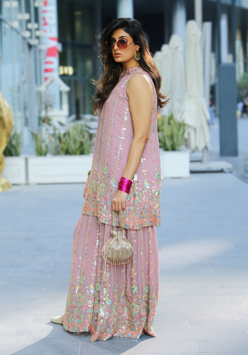 Blush Pink Embroidered Set (Mirror Neckline & Lehenga Skirt)