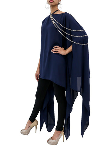 Blue drape shirt with embellished chain
