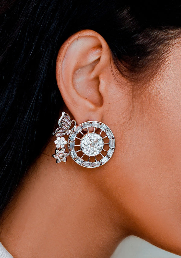 Clockwork-Silver Earrings with Rosequartz and Baguette Cut Zircons