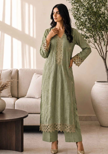 Sage Green Long Digital 3-Piece with Shaded Embroidered Dupatta & Izaar