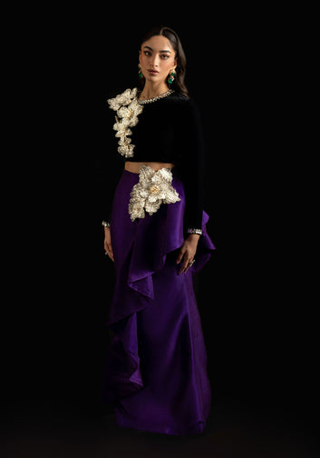 Black Velvet 3D Crystal Floral Embellished Choli with Purple Raw silk Ruffled Skirt