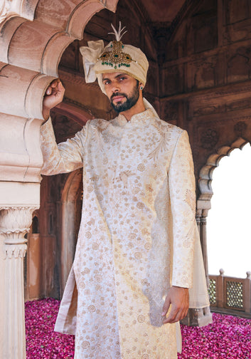 Cream Moti and Sequins Embroidered Sherwani