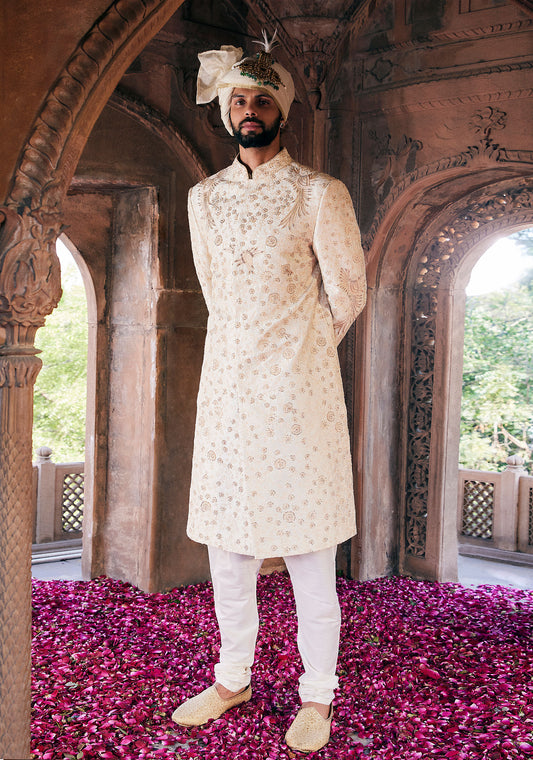 Cream Moti and Sequins Embroidered Sherwani