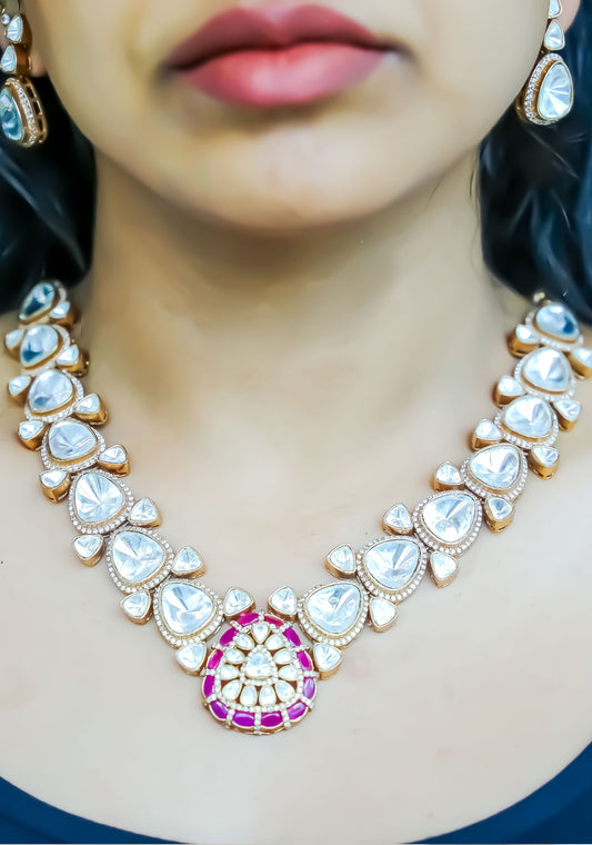 Necklace Set - Silver-based big bold polkis with rubies  and studs set