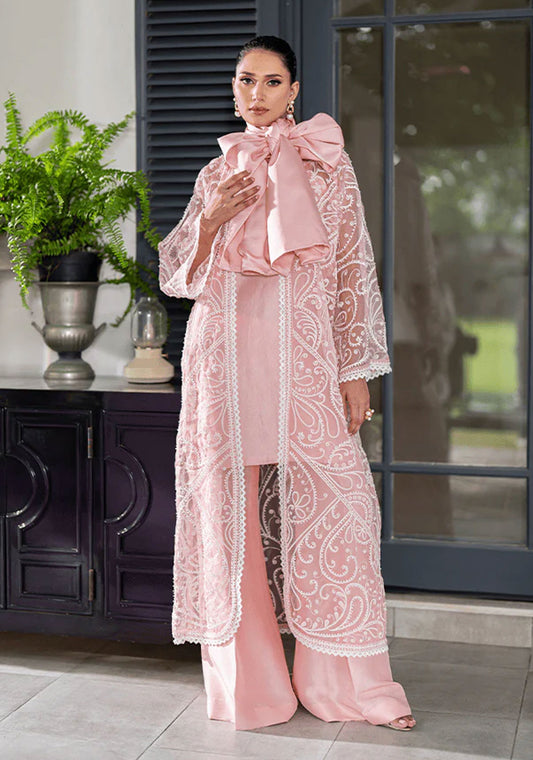 Pink Organza Pearl Embellished Coat with Slip and Trousers