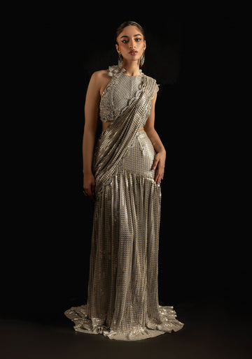 Silver Embellished Choli with 3D Flowers Encrusted Back and Sequinned Embellished Saree