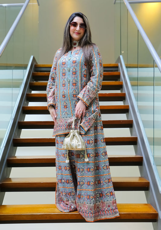 Grey-Teal Embroidered Kurta Set