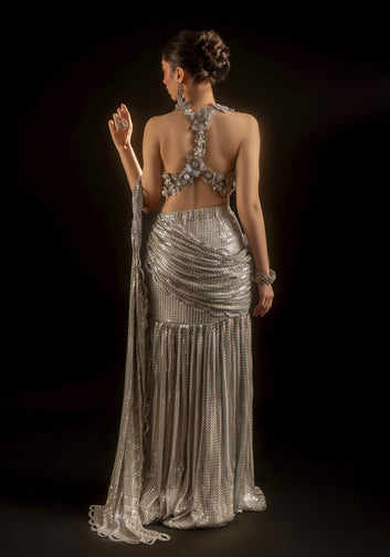 Silver Embellished Choli with 3D Flowers Encrusted Back and Sequinned Embellished Saree