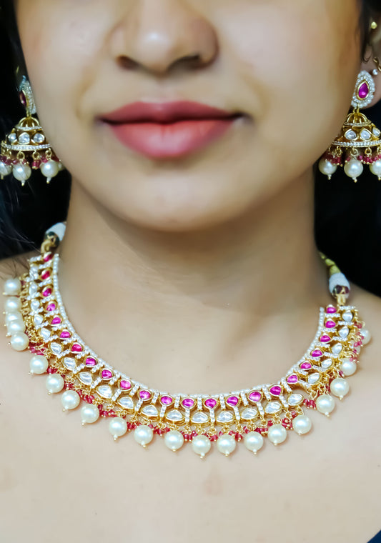 Necklace - Red polki set with pearls
