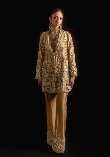 Gold Lamé Pearl and Emerald Stones Embellished Jacket with Embellished Pants