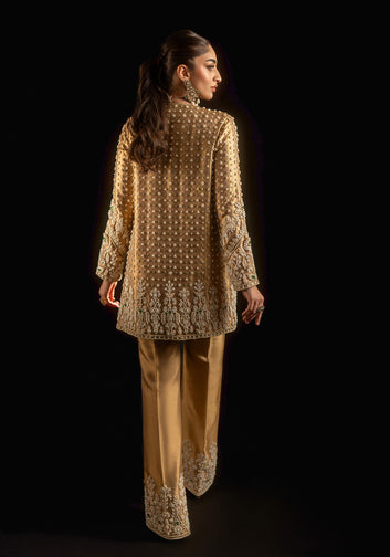 Gold Lamé Pearl and Emerald Stones Embellished Jacket with Embellished Pants