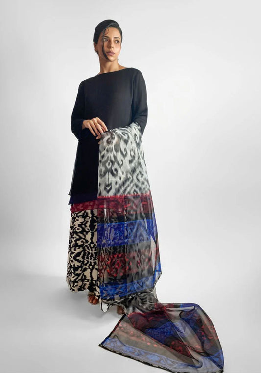 MIDNIGHT MOSAIC SUIT - Blended Chiffon, Silk & Organza - Black & Maroon