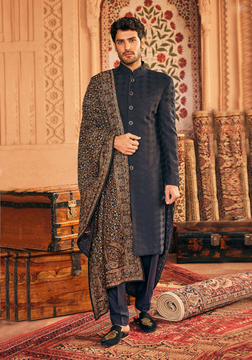 Classic Navy Blue Kashmiri Resham Embellished Sherwani