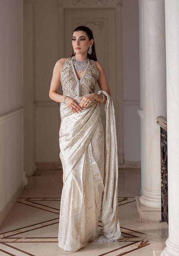 Pearl and Gota Work Halter Blouse Paired with Saree