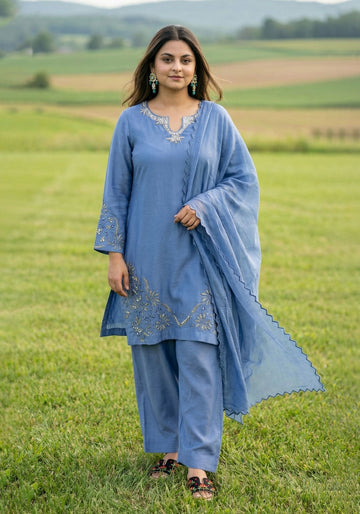 Ink Blue Embroidered 3-Piece Suit