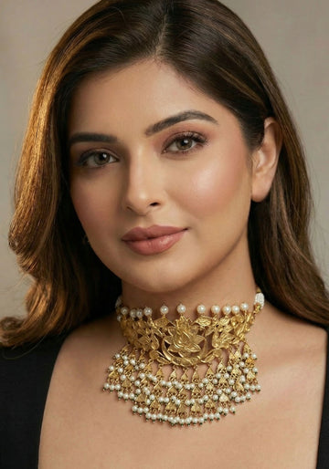 Antique Gold Lotus Choker with Pearl Droplets