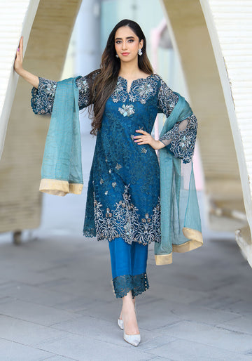 Teal Blue Embroidered Three-Piece Suit