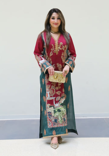 Maroon and Emerald Embroidered Long Dress