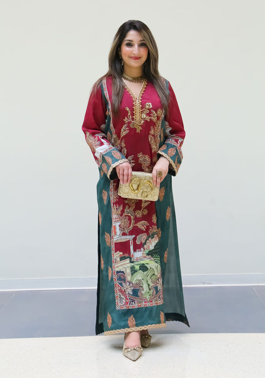 Maroon and Emerald Embroidered Long Dress