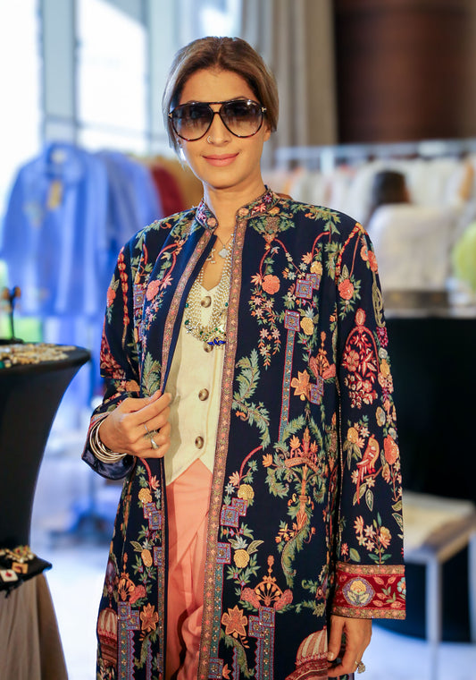 Embroidered Kashmiri Long Jacket – Navy