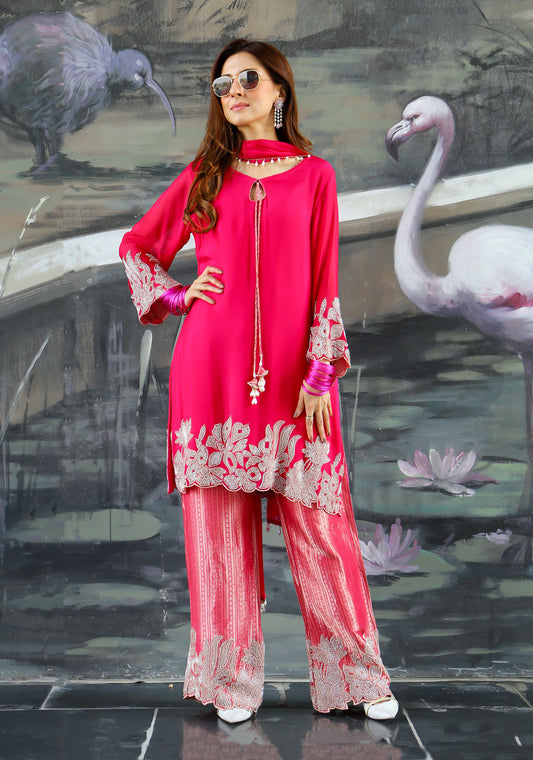 Fuchsia Embroidered Kurta with Flared Pants
