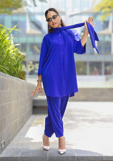 Royal Blue Co-ord Set with Attachable Neck Drape