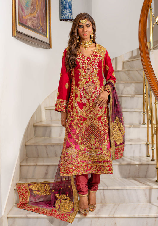 Traditional Red Straight Shirt With Printed Maroon Textured Dupatta