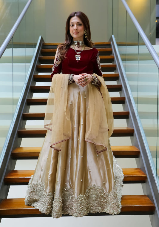 Maroon Velvet & Champagne Gold Anarkali Gown