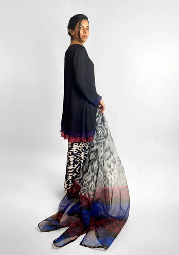 MIDNIGHT MOSAIC SUIT - Blended Chiffon, Silk & Organza - Black & Maroon