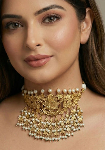Antique Gold Lotus Choker with Pearl Droplets
