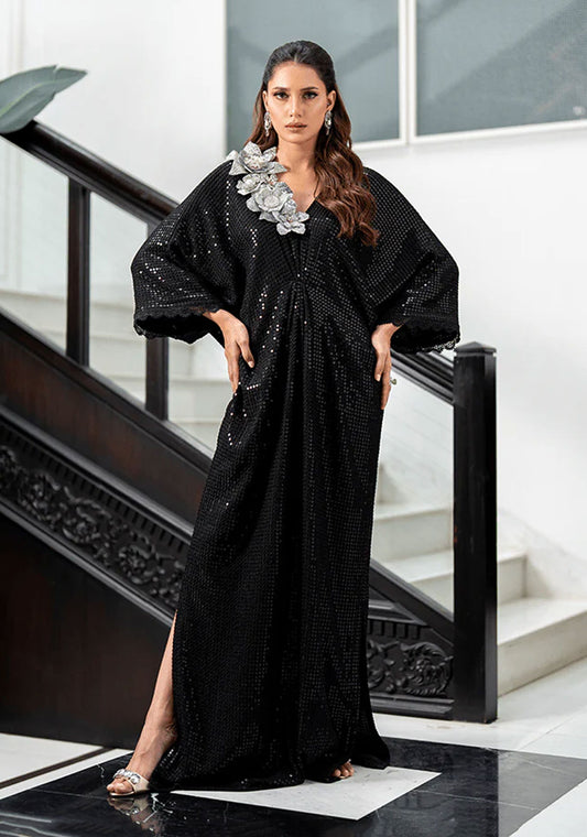 Black Sequinned Kaftan with 3D Crystal Flowers