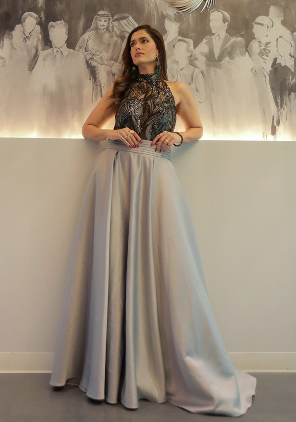 Grey Gown with Black Net Top