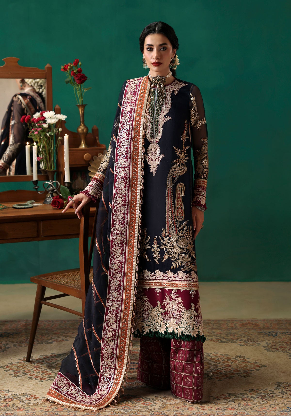 3 Piece - Embroidered Navy Blue Net & Silk