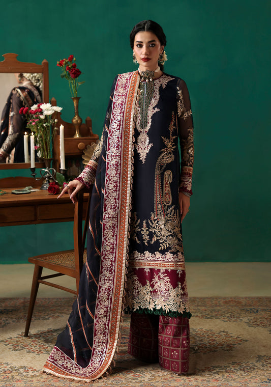 3 Piece - Embroidered Navy Blue Net & Silk