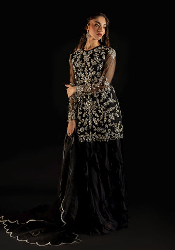 Black Fully Crystal Embellished Net Tunic with Ruffled Trouser and Scalloped Organza Dupatta