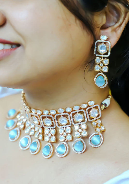 Necklace Set -  Aquamarine polki set