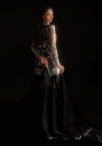 Black Fully Crystal Embellished Net Tunic with Ruffled Trouser and Scalloped Organza Dupatta