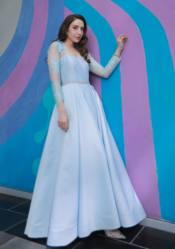 Baby Blue Gown with Lace Jacket