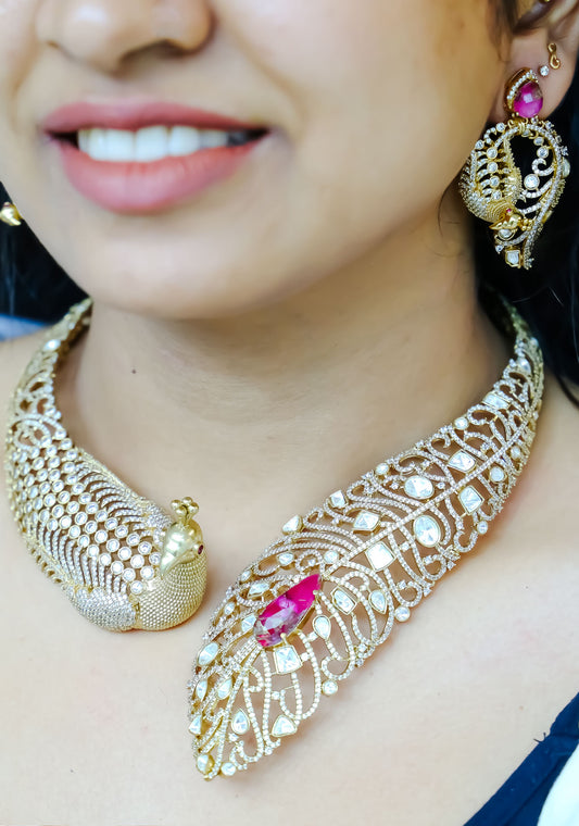 Necklace Set - Peacock-inspired ruby in zirconia set  (silver-based)
