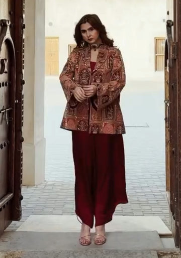 Printed Jacket Co-Ord Set in Deep Maroon