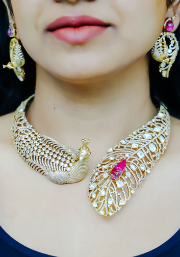 Necklace Set - Peacock-inspired ruby in zirconia set  (silver-based)