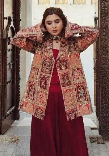 Printed Jacket Co-Ord Set in Deep Maroon