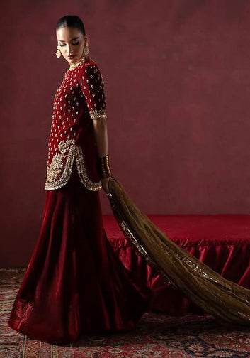 Red And Gold Embroidered Velvet Sharara