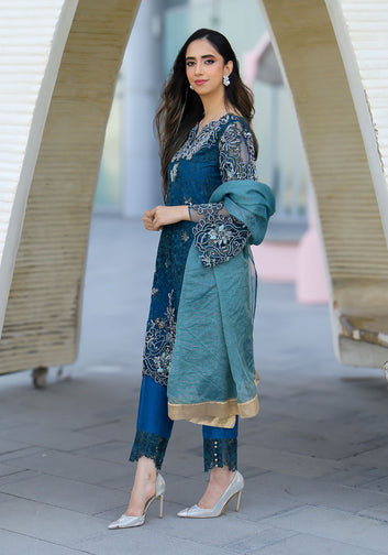 Teal Blue Embroidered Three-Piece Suit